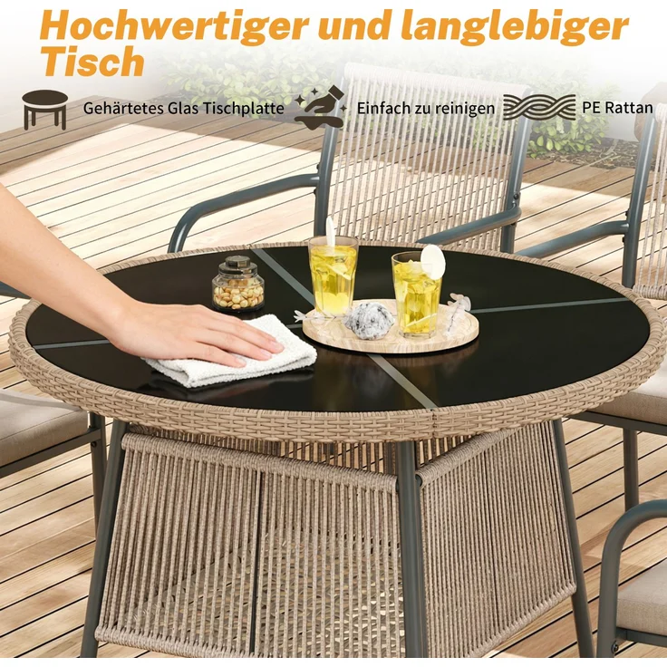 LVHOM 5-tlg. Gartenmöbel-Set, Sitzgruppe mit rundem Glastisch und 4 Polyrattan-Armlehnstühlen, inkl. Sitzpolster, Terrassenmöbel für 4 Personen, Wetterfest – Bild 5