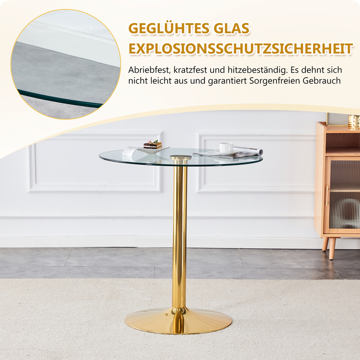 Flexibles Bar-Set: 89 cm Glastisch + 2 Hocker mit goldfarbenen Beinen, höhenverstellbar & drehbar, • Transparente Optik • 360°-Drehung • Vielseitig nutzbar, Schafft visuelle Weite und spart Platz.--Gold, Transparent--93x93x6cm--YOUDENOVA – Bild 10