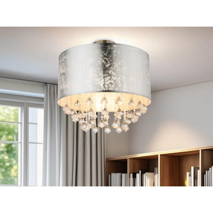 LED Deckenleuchte mit Stoff Lampenschirm Silber & Kristall Behang, Ø 40cm
