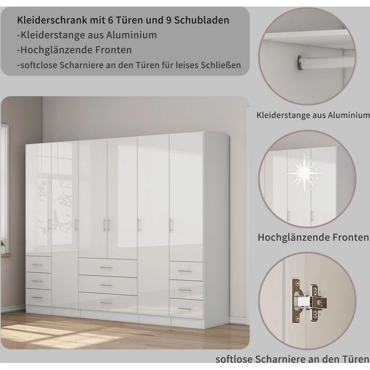 OTTO home Kleiderschrank Trento Schlafzimmerschrank Garderobe Hochglanz Bestseller Schrank mit 6 Türen und 9 Schubladen, höchglänzende Fronten – Bild 3