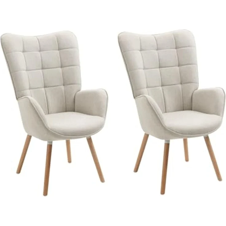 MEUBLE COSY Sessel 2er Relaxsessel Lehnstühle Polstersessel Einzelsofa mit Holzbein Ohrensessel für Wohnzimmer Schlafzimmer Büro Vanity, Stoff, Beige – Bild 1