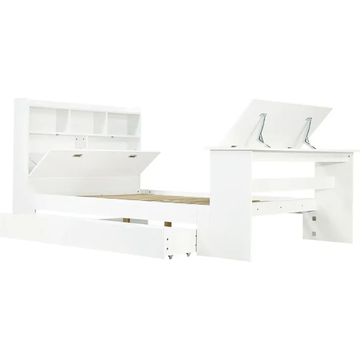Kinderbett mit Stauraum und Klapptisch, mit Lattenrost, Regal, Schrank, Schubladen und Klapptisch, Holzbett, Stauraumbett, 90x200 cm – Bild 5