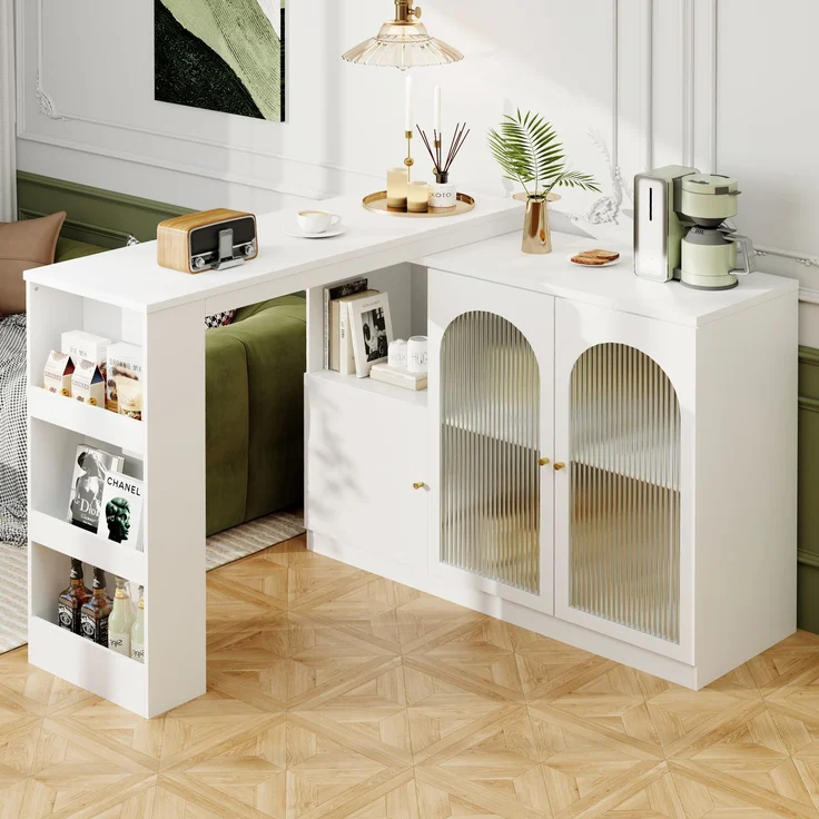 Esszimmerschrank Sideboard Weiß mit 360° Drehfunktion, Changhong-Glas Türen,Aufbewahrungsschrank mit Regalen und Schubladen – Bild 3