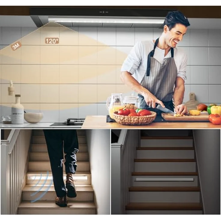 Unterbauleuchte Küche LED Schrankbeleuchtung mit Bewegungsmelder Innen 3Farbmodi Dimmbar 3000K/4000K/6500K,60cm 2Stück,LED Leiste Lampe Ohne Bohren USB Kabellos für Kleiderschrank/Treppe/Vitrinen/RV – Bild 4