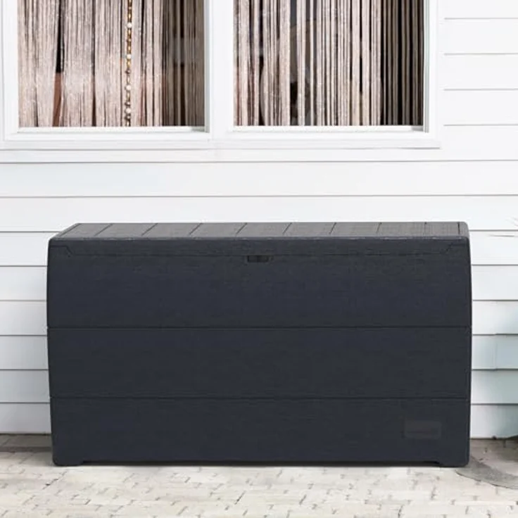 Duramax Cedargrain Durabox 270 Liter/ 71 Gallonen Kissenbox aus Kunststoff, Auflagenboxen aus Kunststoff mit Griffen, Organizer für Gartenmöbel, abschließbarer Deckel, Patio-Box, Dunkelgrau – Bild 9