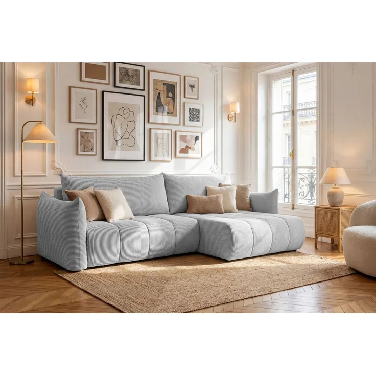 Ecksofa Schlafsofa ONTARIO in Stoff Poso Hellgrau Ottomane Rechts