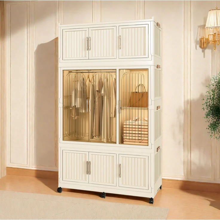 Kleiderschrank aus Kunststoff, faltbar mit 9 Magnettüren, 92x45x158 cm, Cremeweiß – Bild 2