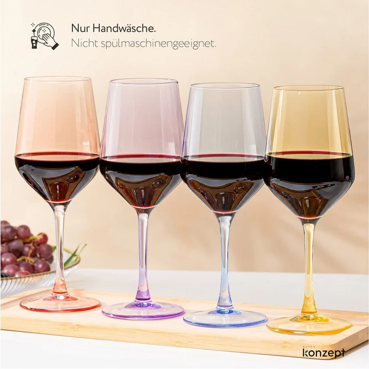 KONZEPT Weinglas 6er-Set, 470 ml, bunte Stielgläser aus Glas in 6 Farben, 6-tlg, 470 ml, Höhe: 23,5 cm, Durchmesser: 9 cm, Bunt, 6 verschiedene Farben – Bild 2