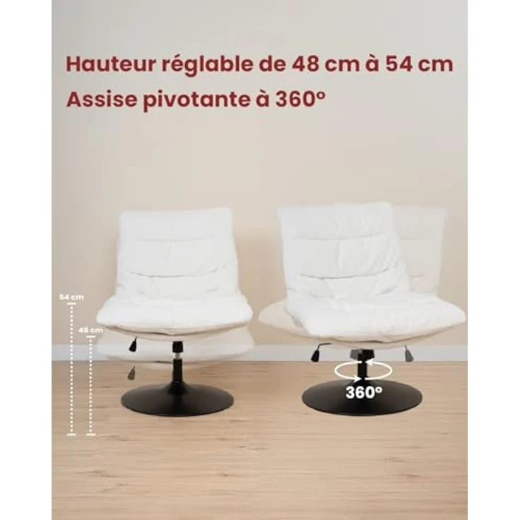 MEUBLE Cosy Bürostuhl Ergonomisch Schreibtischstuhl mit höhenverstellbar 360° Drehbar Kippfunktion ohne Armlehnen, Bouclé-Stoff, Weiß – Bild 4