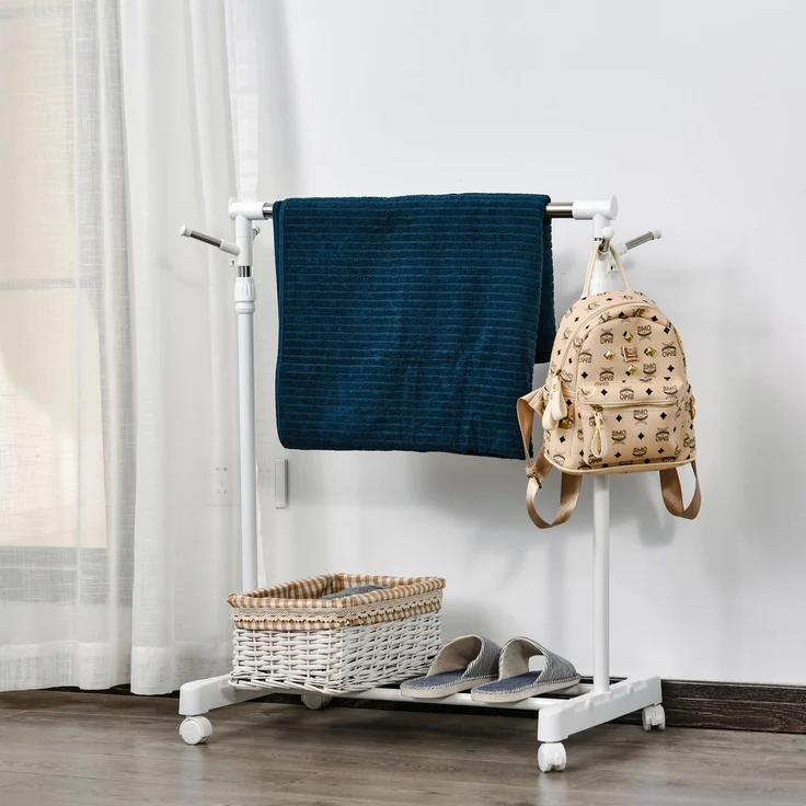 MELAYR, Rollbarer Garderobenständer, höhenverstellbar, mit unterer Ablage, 4 Räder, Weiß, 68.5 x 42 x 145 cm – Bild 4