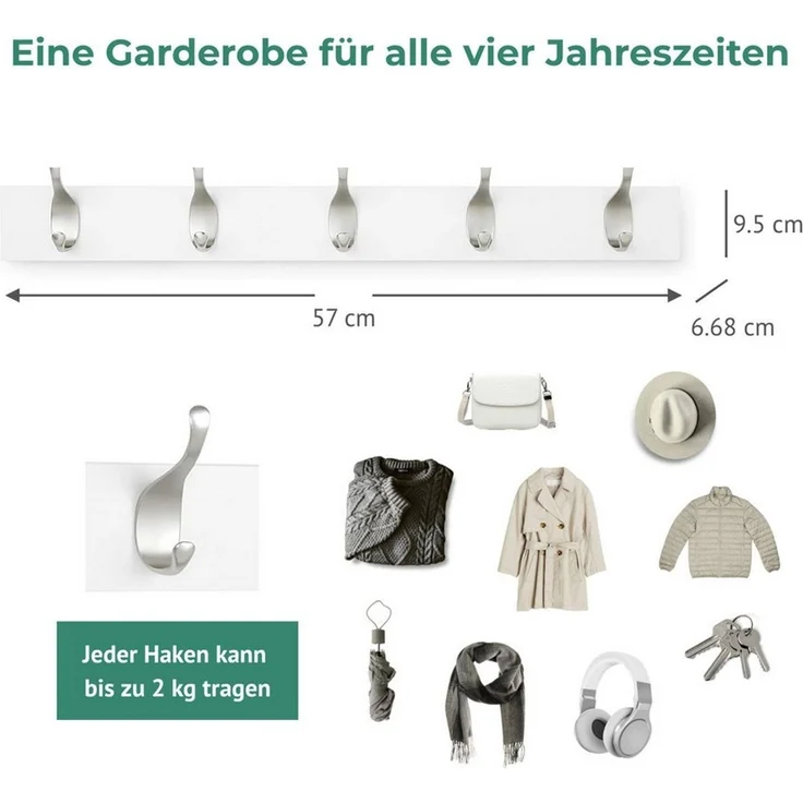 NAIPO Garderobenleiste Alsterwell Garderobenleiste, 57 cm Hakenleiste mit 5 Haken, Wandgarderobe für Mäntel, Jacken, Taschen, Weiß – Bild 2