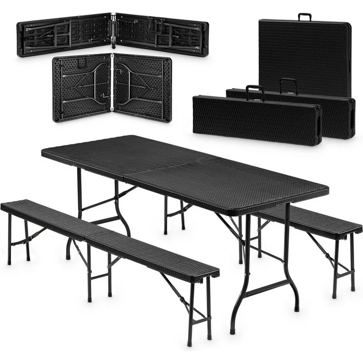 VESKA Bierzeltgarnitur 3-teilig Set Tisch + 2x Bank, wetterfest für drinnen und draußen, (klappbar mit Tragegriffen, Kunststoff, Gartengarnitur, Klapptisch), Gartentisch Länge 180 cm Rattan-Optik Schwarz – Bild 5