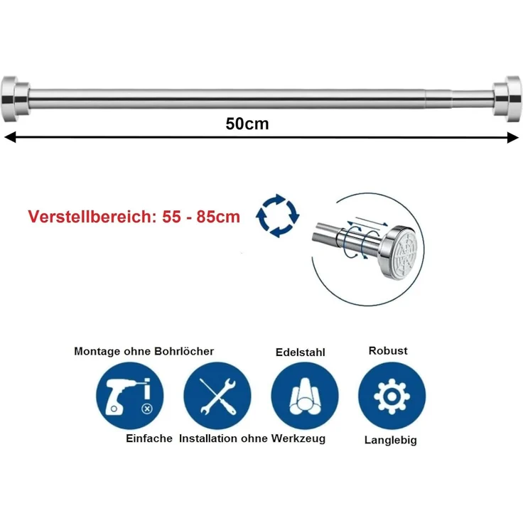 BAYLI Duschvorhangstange 50 cm Duschvorhangstange ohne Bohren verstellbar von 55 cm bis 85 cm – Bild 3