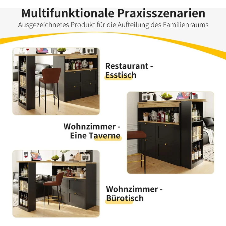 Bartisch 105 x 39 x 102 cm, 360° drehbar, mit 4 Schubladen und offenen Ablagen, Schwarz – Bild 25
