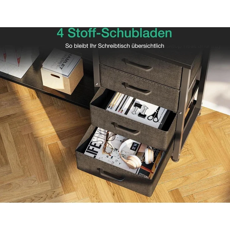 ODK Eckschreibtisch LED 2 Steckdosen 2 USB Ladeanschluss 155x110cm Schwarz – Bild 5