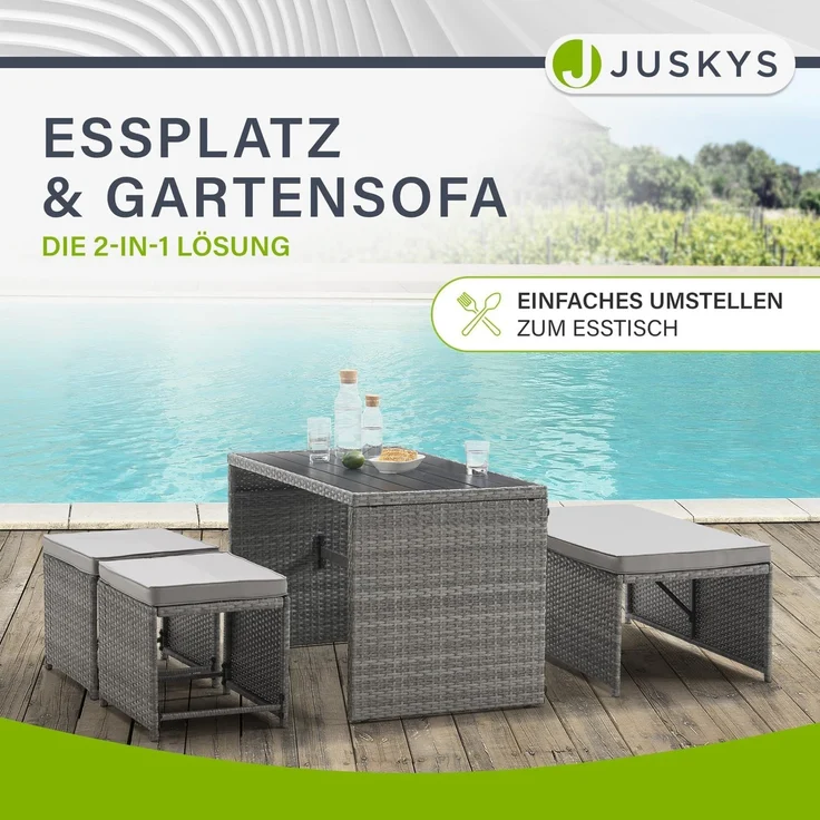 Juskys 'Jamaika' 2in1 Relax Gartenmöbel Set - Tisch, Gartenlounge Sofa, Polyrattan Grau – Bild 3