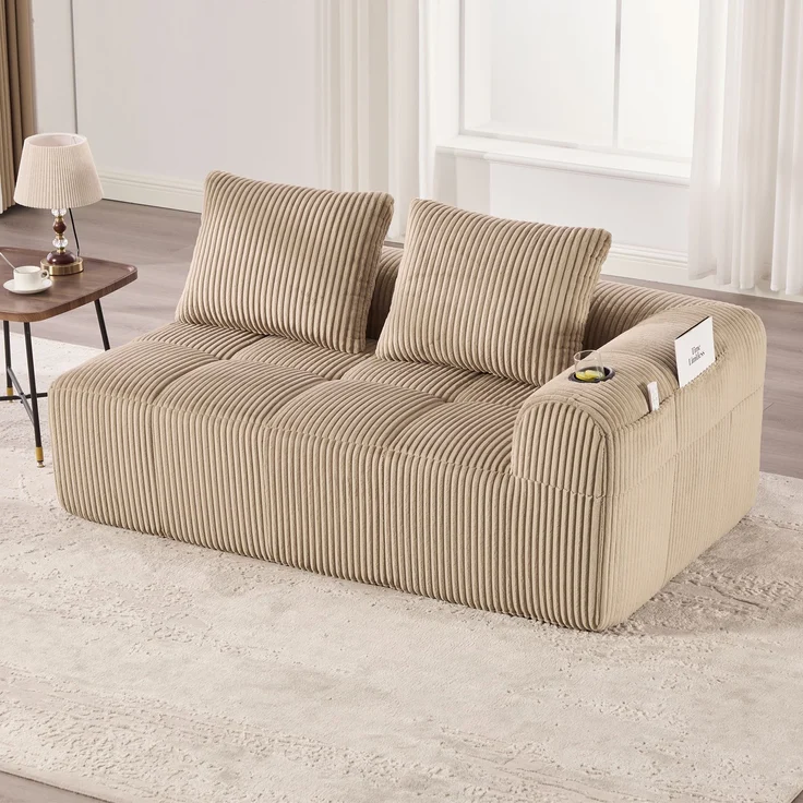 2-Sitzer Sofa, Cord mit Seitenfächern & Becherhaltern, 158x93x61 cm, Khaki – Bild 3