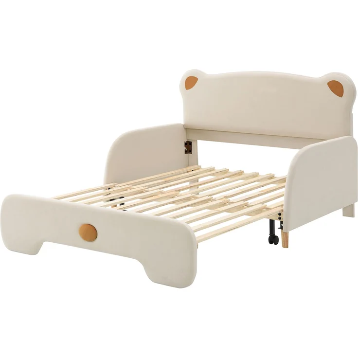 Polsterbett in Bärenform 140x200 cm, Kinderbett und Tagesbett mit Ausziehbett, weichen Schutzkanten und Samtbezug, Beige – Bild 9