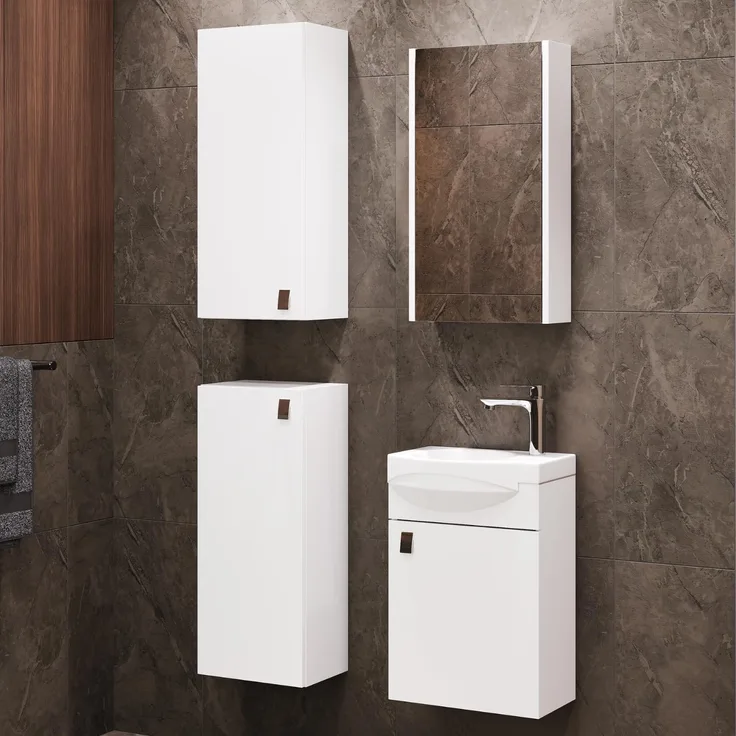 Planetmöbel Badset komplett aus Unterschrank 40cm mit Waschbecken, Spiegelschrank und 2X Midischrank in Weiß, Komplettset für Badezimmer 5-teilig