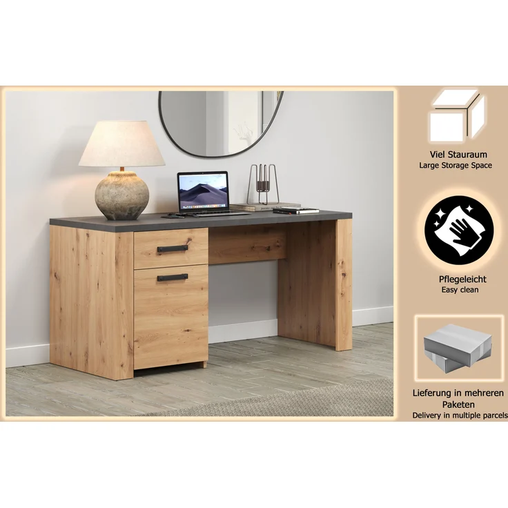 trendteam smart living - Follow - Schreibtisch - Eiche/Anthrazit - Computertisch mit 2 Fächern - (BxHxT) 145 x 76 x 70 cm - Vollauszug Schublade – Bild 15