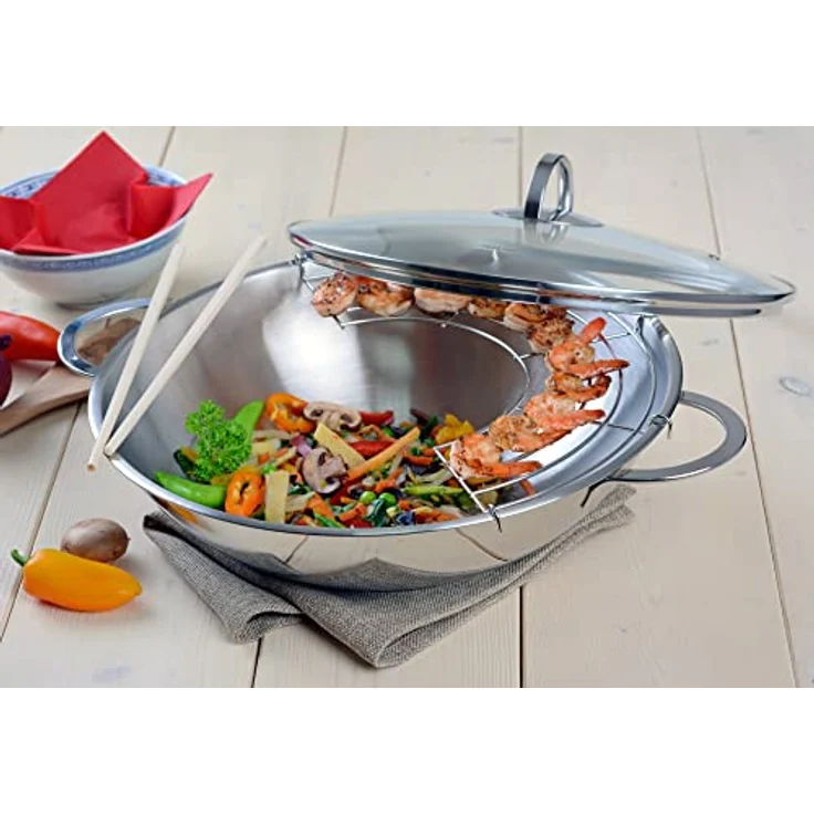 GRÄWE 8000.32 WK-Bun Edelstahl Wok 32 cm mit Glasdeckel und Ablagegitter – Bild 2