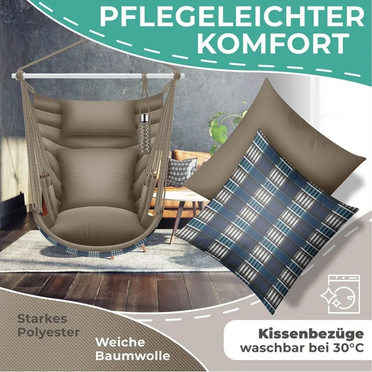 KESSER® Hängesessel Haiti 150kg Traglast, Hängestuhl 360° Drehung, Hängeschaukel Indoor-Outdoor UV-beständig & Wasserfest, Pflegeleicht, Inkl. 2 Kissen, Tragetasche, Flaschenhalter & Montage-Set Mocca – Bild 4