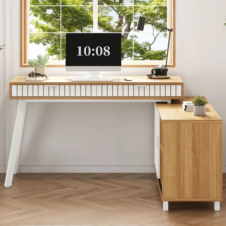 Flieks Schreibtisch, L-förmiger 160×120×76.5 cm, Eckschreibtisch mit 2 Schubladen & Schrank, MDF Bürotisch mit Stahlbeinen, Naturfarbe & Weiß – Bild 3