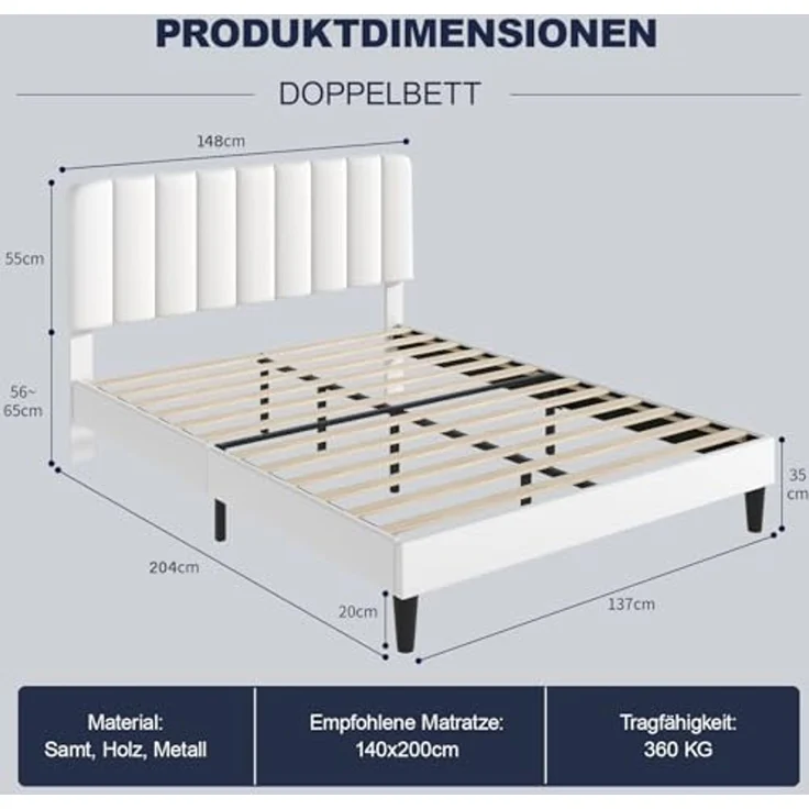 VECELO Polsterbett 140 x 200 cm Doppelbett, Höhenverstellbarem Kopfteil, Massivem Holzlattenrost, Samtstoff und Einfache Montage, für Schlafzimmer und Gästezimmer, Weiß – Bild 2
