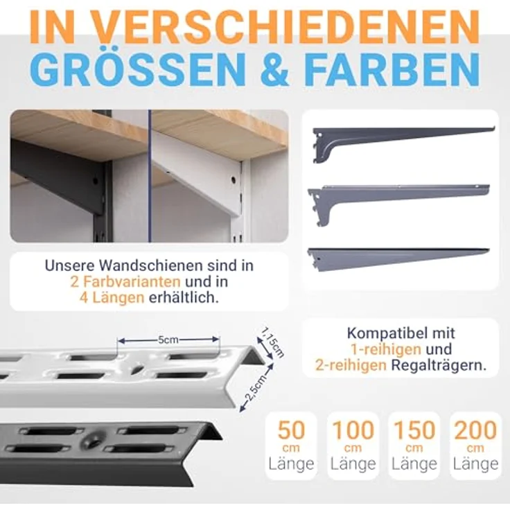 BOOMET Wandregalhalter Wandschienen für Regalsystem 2-reihig, 10-tlg, Anthrazit 50cm Regalschienen Wandregal Schiene – Bild 3