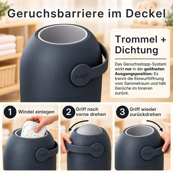 Set Magic Windeleimer, Abfalleimer mit Geruchsstopp, ohne Kassette + Windel | Hygienischer Mülleimer Geruchsdicht für Windeln ohne Kassette, Hygieneeimer für Windelentsorgung, Bad, Kinderzimmer, Küche – Bild 6