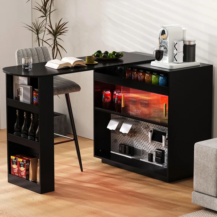 Merax Bartisch, Ausziehbar 360° Drehbare Sideboard mit Stauraum und LED-Beleuchtung, Reversibel Sideboard mit Lochbrett und Steckdosen(Schwarz) – Bild 1