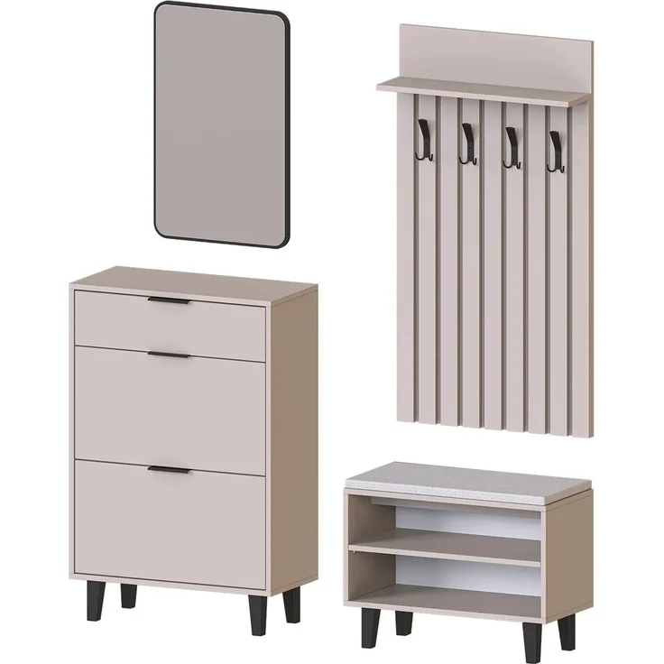 Roomart NORD Garderobenset 4-teilig – Schuhschrank, Sitzbank, Garderobenpaneel 130 cm & Spiegel – Flurgarderobe – H 112 x B 73.6 x T 35 cm (Schuhschrank) • Beige – Bild 8