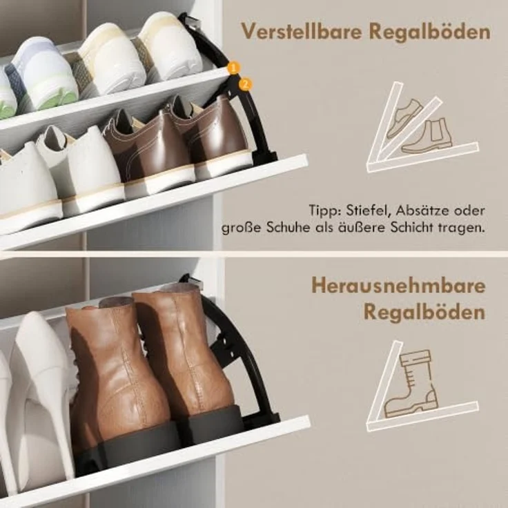 HOMCOM Schuhkipper Schuhaufbewahrung Schuhkommode mit 2 Klappen, schmal, offenem Fach (Schuhschrank, 1 St, Schuhregal), für Flur, Eingang 89 x 25 x 92 cm Weiß – Bild 6