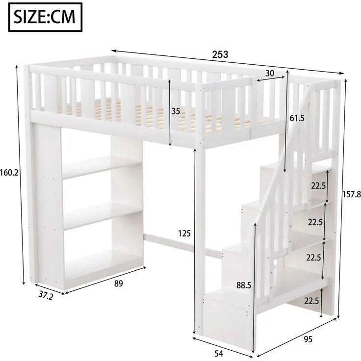 Bett 90x200 cm Hochbett mit Stauraumtreppe aus Kiefernholz, weiß – sicher & platzsparend – Bild 4