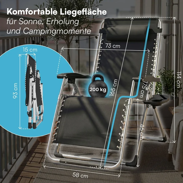 STEELSØN 'Lysira' Liegestuhl, klappbar & wetterfest, schwarz/silber, Sonnenliege mit extra dicker Polsterauflage, verstellbarer Gartenstuhl, bis 200 kg belastbar – Bild 9