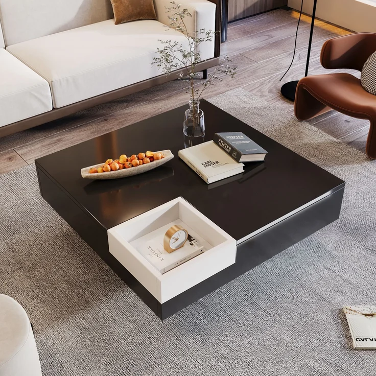 Merax Couchtisch, Hochglanz-Wohnzimmertisch, Beistelltisch mit abnehmbarer Aufbewahrungsbox, Farbblockweiß und Schwarz, 72*72*30 cm, Mit LED-Lichteffekt – Bild 1