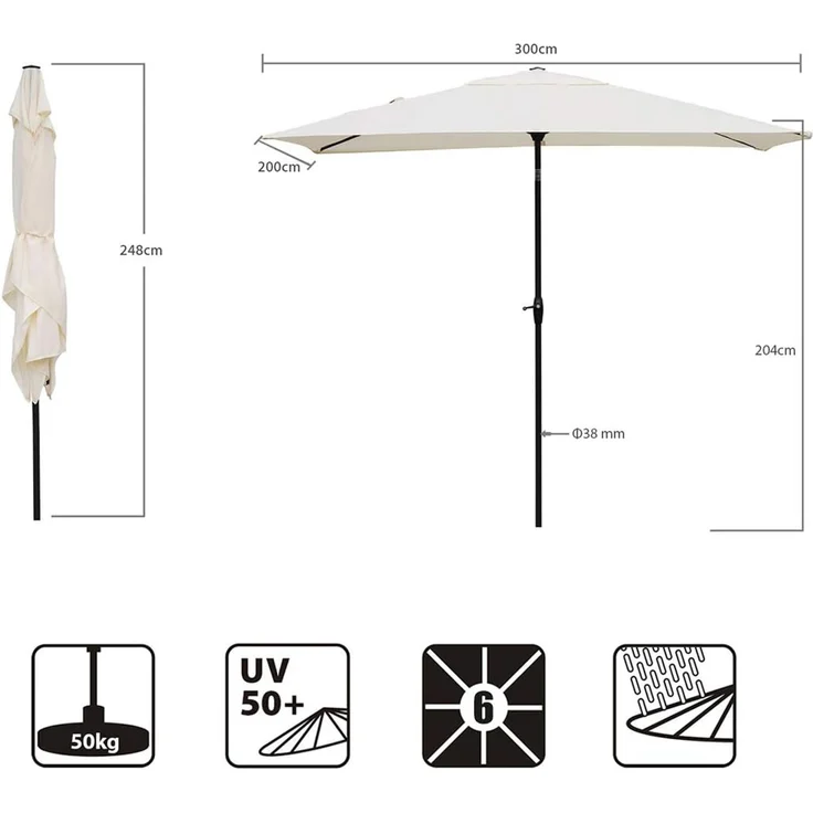 Sekey Sonnenschirm mit Kurbel und UV50+, knickbar, Aluminium creme, 200 × 300 cm – Bild 3