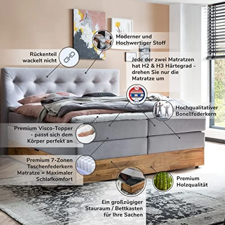 Belanoti MARBO Boxspringbett 180x200 mit Bettkasten 7-Zonen Taschenfederkern Matratze inklusive Visco Topper Bett 180x200 Eiche in der Farbe Hellgrau H2/H3 Polsterbett mit Massivholz Eiche – Bild 7