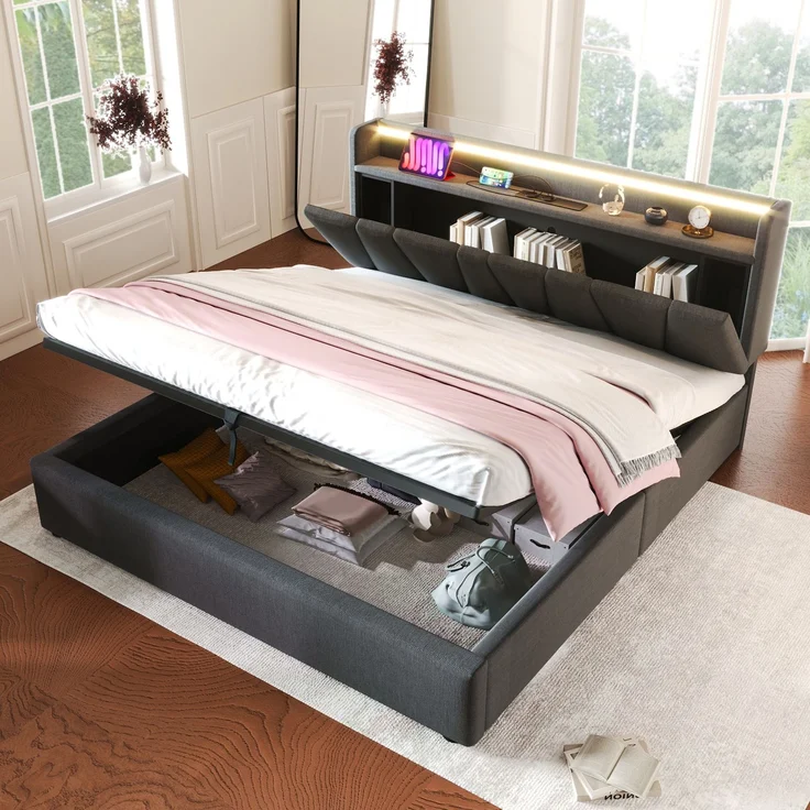 Polsterbett 160x200 cm mit Steckdosen, USB, RGBW-LED-App-Steuerung, Stauraum-Kopfteil & Bettkasten, Stoffbett Grau – Bild 2