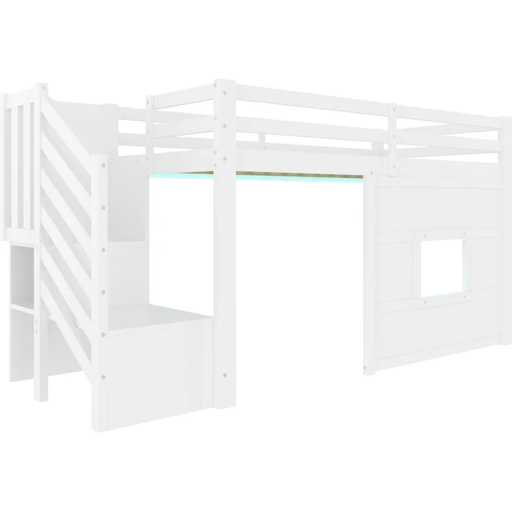 EINHOM 90 x 200 Cmhochbett mit Stauraumtreppe und Fenster, 90 x 200 cm, Weiß, (Ohne Matratze) – Bild 6