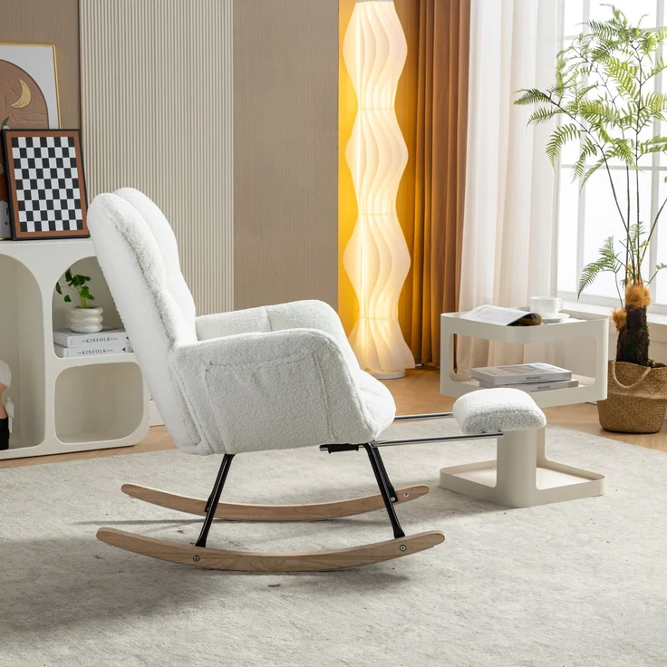 Teddy-Schaukelstuhl mit Holz- & Metallrahmen,ergonomisch gepolstert,Weiß,leises Design für Wohnzimmer, Schlafzimmer & Büro – Bild 2