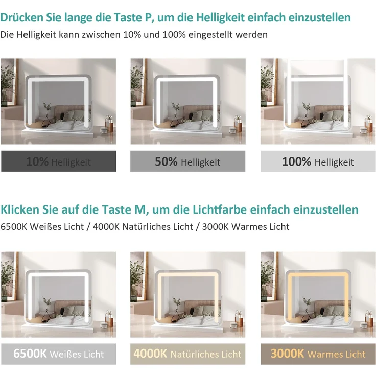 EMKE Schminkspiegel mit Beleuchtung LED Kosmetikspiegel Drehbar Make Up Spiegel mit Touchschalter, 3 Lichtfarben Dimmbar und Memory-Funktion, Weiß, 60x51,6cm – Bild 2