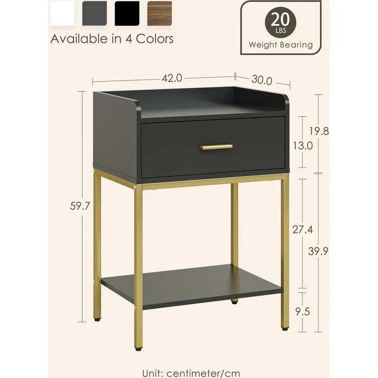 Schwarzer 3-Tier Nachttisch mit Schublade und Regal, Moderner – Bild 2