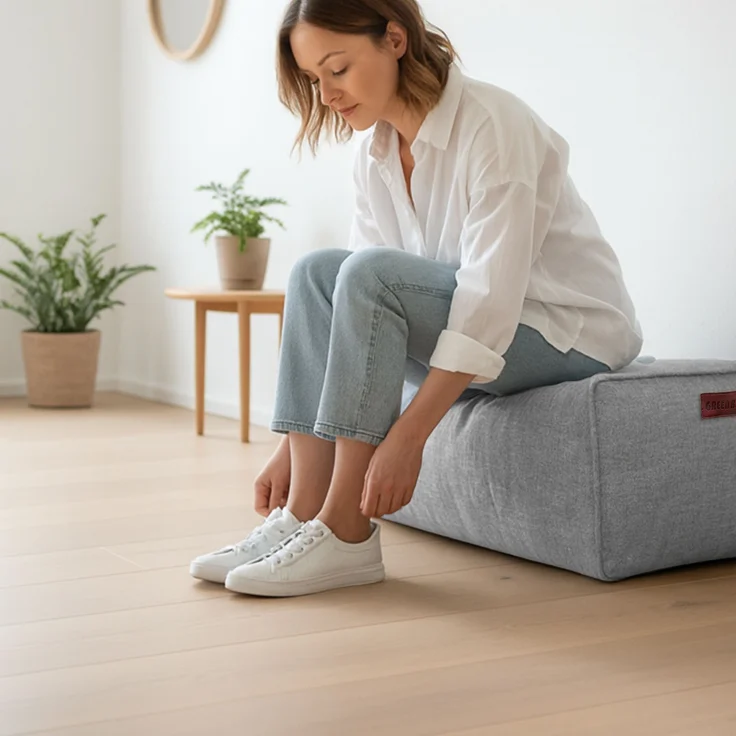 Green Bean® Indoor Sitzhocker Pouf 70x33x28cm EPS-Perlen Füllung -Home Linen Kuschelig Weich Waschbar - Drinnen Bodenkissen Liegekissen Sitzkissen Sitzhocker Sessel Kinder Erwachsene Stoff Grau – Bild 5