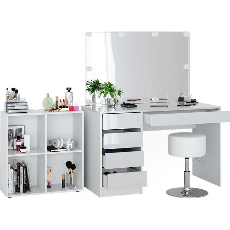 Schminktisch Sherry Weiß 120 cm 4 Teile, mit Standregal, Spiegel, Hocker, LED Vicco – Bild 7