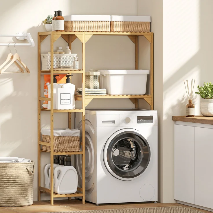 HOMCOM Badregal mit mehrere offene Fächer, Toilettenregal 1-tlg, für Badezimmer, Naturholz, 157 x 40 x 100 cm – Bild 2