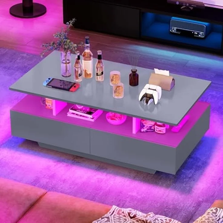 YITAHOME Couchtisch Grau, Wohnzimmertisch Hochglanz mit 16-Farbiger LED Beleuchtung Modern, Beistelltisch Weiss mit Offenem Ausstellungsregal und 4 Ausziehbaren Schubladen 90x55x41,1 cm – Bild 3