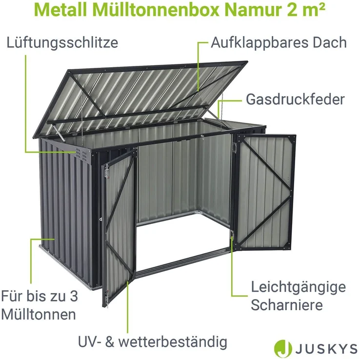 Juskys 3er Mülltonnenbox Namur 3 x 120 Liter Tonnen - 2 m² - 2 große Türen - Metall Mülltonnenverkleidung Müllbox Müllhaus Aufbewahrungsbox – Bild 2