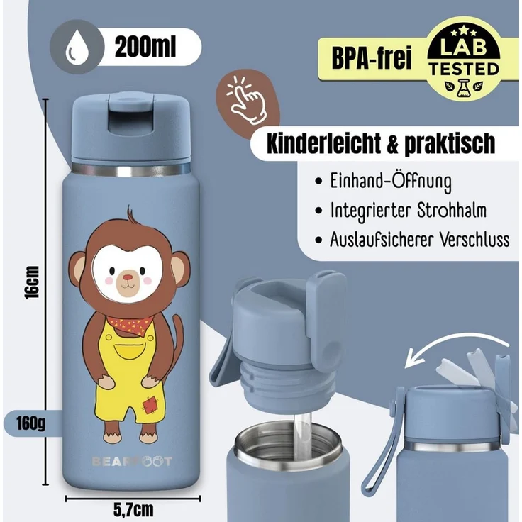 BEARFOOT Trinkflasche TINY Thermo Kinder Trinkflasche Edelstahl - Affe, Thermosflasche, auslaufsicher, Edelstahl, Kinderflasche, BPA-frei – Bild 4