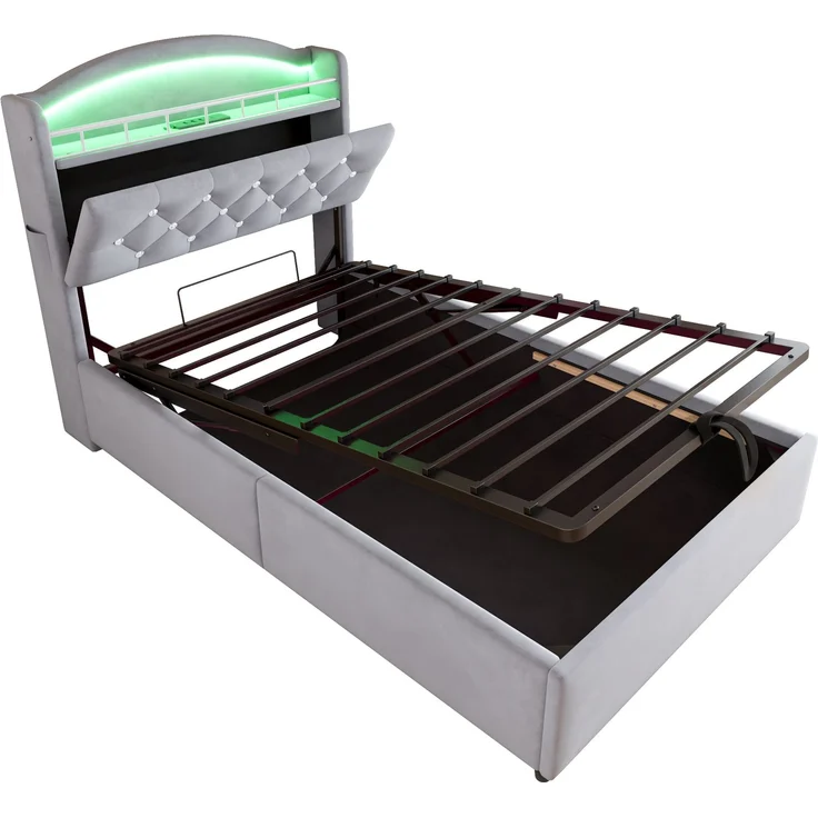 Kinder Polsterbett 90x200, Samt Einzelbett Multifunktionsbett mit Stauraum mit LED und USB Grau – Bild 9